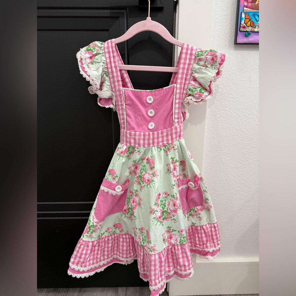 Floral Pink and White Dress with Ruffle Sleeves